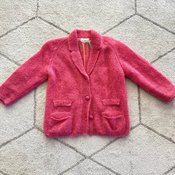 Vintage 60s Pretty in Pink Mohair & Wool Hand Knitted Cardigan Sweater Jackie-O - Picture 1 of 8